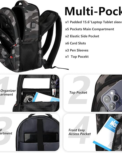 Backpack for Men Women, School Backpack with USB Charging Port, Anti Theft Carry On Flight Approved Business Work Travel 15.6 Inch Computer Laptop Backpack, BookBag for teen, Camo