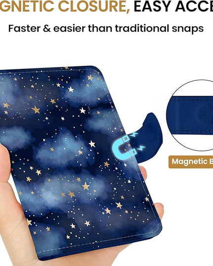 Passport Holder for Travel Essentials, RFID Blocking Leather Cover Wallet with Magnetic Closure, Aesthetic & Cute Passport Book Case for Women and Men - Star