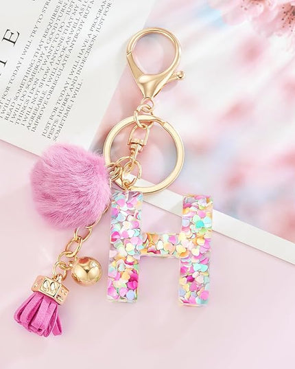 Resin Alphabet Initial Letter Keychain Keyring for Women Purse Handbags With Fur Ball Pom
