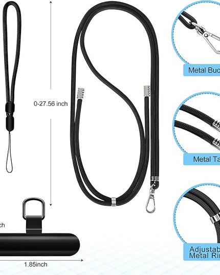 takyu Phone Lanyard, 2 Pack Adjustable CellPhone Lanyard Crossbody Neck Strap and 2 Pack Phone Wrist Strap with 2x Tether Metal Tabs for iPhone Android Smartphones-Black