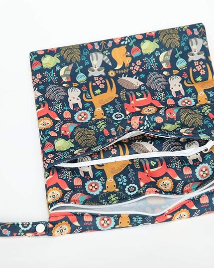 Wet Bag Baby Cloth Diaper Nappy Insert Reusable Washable With Two Zipper Pockets (Forest Animal Fox Owl)