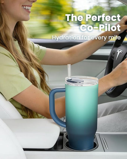 Renoj Tumbler with Handle 100% Spill Resistant Insulated Water Bottle for Iced Coffee & Hot Drinks - Fits Car Cup Holder, Ideal Gift, 2 Straws & Silicone Boot BPA-Free - FlexSlide Blue Gradient 32 oz
