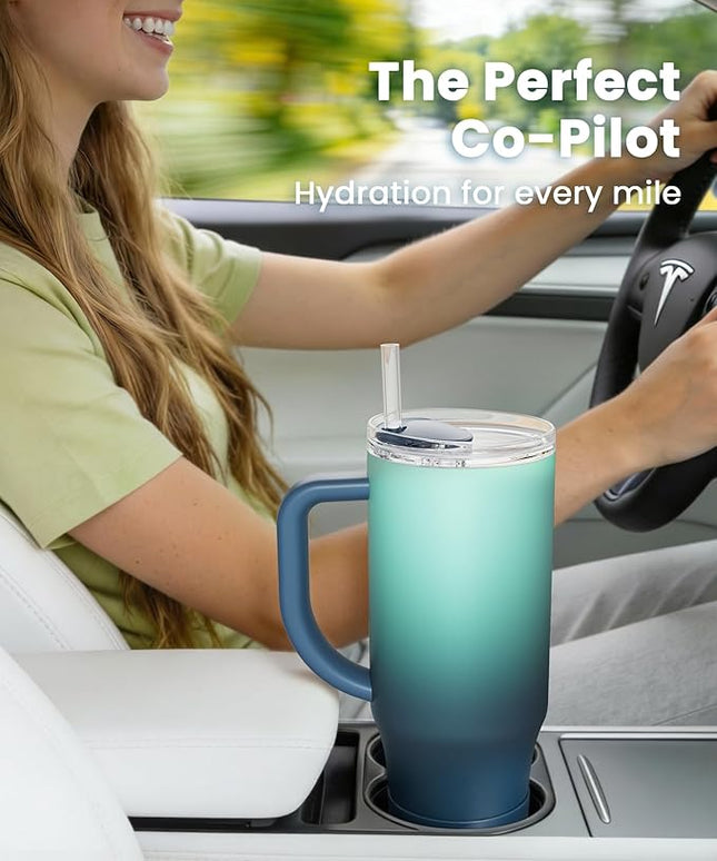 Renoj Tumbler with Handle 100% Spill Resistant Insulated Water Bottle for Iced Coffee & Hot Drinks - Fits Car Cup Holder, Ideal Gift, 2 Straws & Silicone Boot BPA-Free - FlexSlide Blue Gradient 32 oz