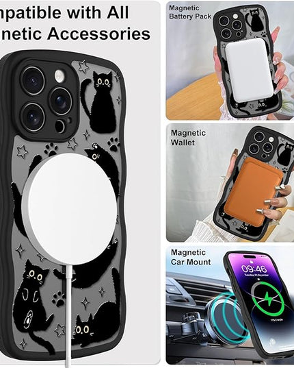 Cute Case for iPhone 14 Pro Case [Compatible with MagSafe] with Kawaii Black Cats Cat Print Pattern Design for Women Girls, Soft Wavy Edge Anti-Slip Animal Magnetic Protective Phone Cover