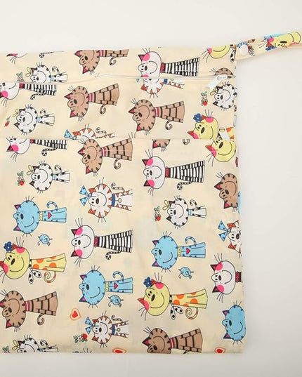 Medium Wet Dry Bag Baby Cloth Diaper Nappy Insert Bag Reusable Washable With Two Zippered Pockets (Cats)