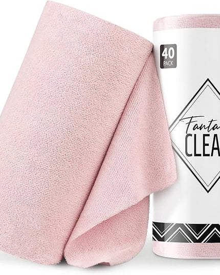 Fantasticlean Microfiber Cleaning Cloth Roll -40 Pack, Tear Away Microfiber Towels, 12" x 12", Reusable, Washable, Lint Free, Ultra Absorbent Dishcloth for Car, Pet, Kitchen Cleaning Supplies (Pink)