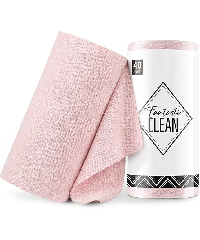 Fantasticlean Microfiber Cleaning Cloth Roll -40 Pack, Tear Away Microfiber Towels, 12" x 12", Reusable, Washable, Lint Free, Ultra Absorbent Dishcloth for Car, Pet, Kitchen Cleaning Supplies (Pink)