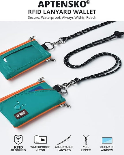 RFID Travel Wallet with Adjustable Lanyard-Zipper Small Wallet with ID Card Holder, Keychain for women&men-Minimalist Slim Waterproof Nylon case for ID, Cash, Key (Turquoise)