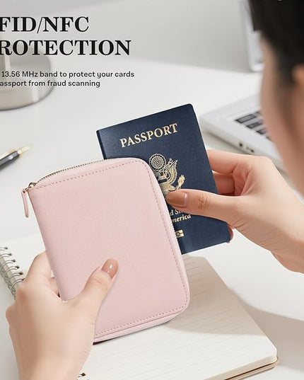 CoBak Passport Holder Cover with Safe Zipper Closure, Premium Passport Wallet for Travel, RFID Blocking Card Case, Waterproof Travel Accessories for Women, Pebbled Pink