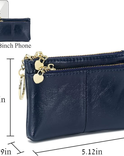 ZOOEASS Women PU Leather Zip Mini Coin Purse With Key Ring Triple Zipper Card Holder Wallet (Navy)
