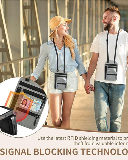 Passport Holder for Travel, RFID Travel Pouch Neck Wallet, Waterproof Passport Wallet for Women and Men, Gray
