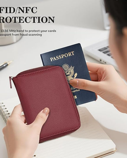 CoBak Passport Holder Cover with Safe Zipper Closure, Premium Passport Wallet for Travel, RFID Blocking Card Case, Waterproof Travel Accessories for Women, Pebbled Wine