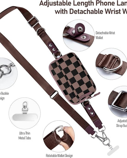 Clip and Go Strap for Phone with Wallet Crossbody Phone Lanyard and Detachable Checkered Bag with ID Window and RFID Pouch for Daily Travel.