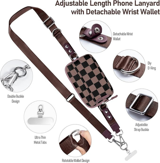 Clip and Go Strap for Phone with Wallet Crossbody Phone Lanyard and Detachable Checkered Bag with ID Window and RFID Pouch for Daily Travel.