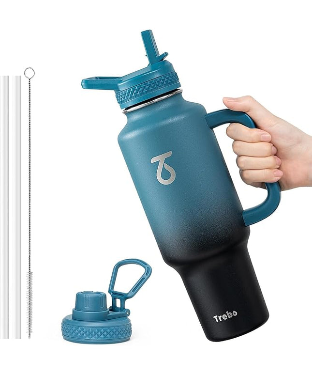 Trebo Insulated Water Bottle 40oz that Fits in Car Cup Holder with Spout Straw Lids, Stainless Steel Bottles Travel Flask with Handle, Metal Reusable Tumbler, Leakproof Keep Cold &Hot,Indigo/Black