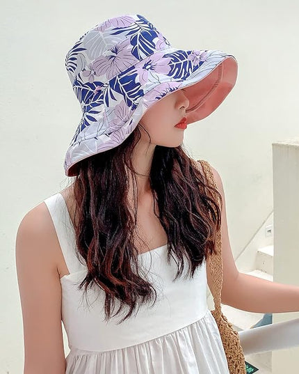 HUAMULAN Women Summer Sun Hat Wide Brim Wired Edge Floral Beach Bucket Hats Reversible Foldable Travel UV Protection Lady Hat