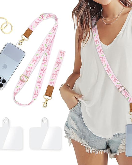 Cute Phone Lanyard Crossbody Strap, Girly Bowknot Cell Phone Lanyard for Women, Wrist Strap Wristlet Adjustable Accessories Around The Neck for Keychain Travel Beach Essentials Gift