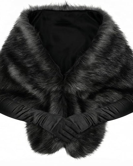 Zhanmai 2 Pcs Winter Long Shawl Cloak Stretchy Glove Opera Bridal Dance Gloves for Women Dress Party Coat