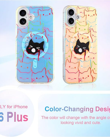 Cute Case for iPhone 16 Plus Case for Women Girls Boys [ Compatible with Magsafe ] Iridescent and Black Cats Cat Pattern Design, Kawaii Colorful Animal Soft Bumper Protective Phone Cover