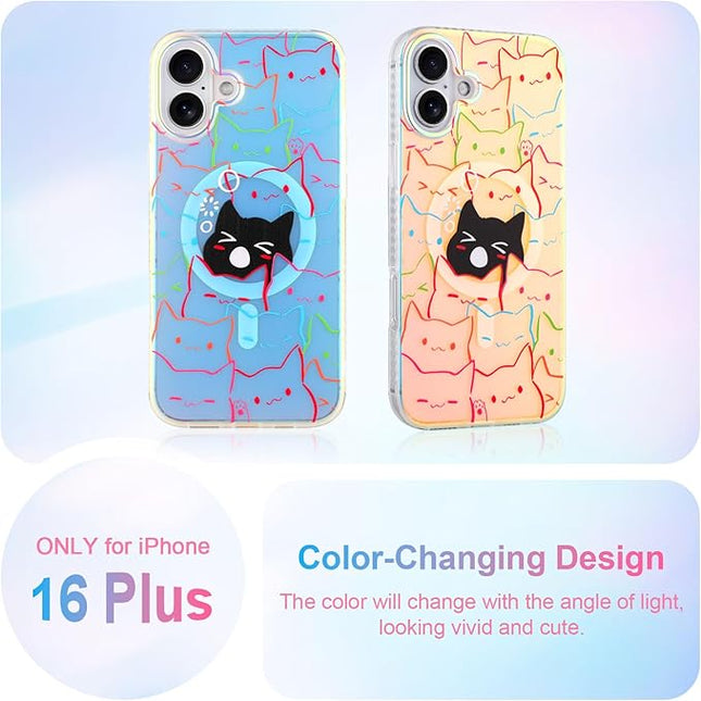 Cute Case for iPhone 16 Plus Case for Women Girls Boys [ Compatible with Magsafe ] Iridescent and Black Cats Cat Pattern Design, Kawaii Colorful Animal Soft Bumper Protective Phone Cover