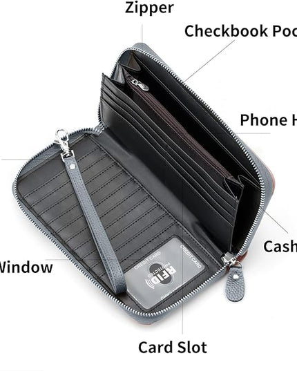 Moflycom Womens Wallet RFID Blocking Genuine Leather Multi Credit Card Large Capacity Zip Around Clutch Travel Purse Wristlet