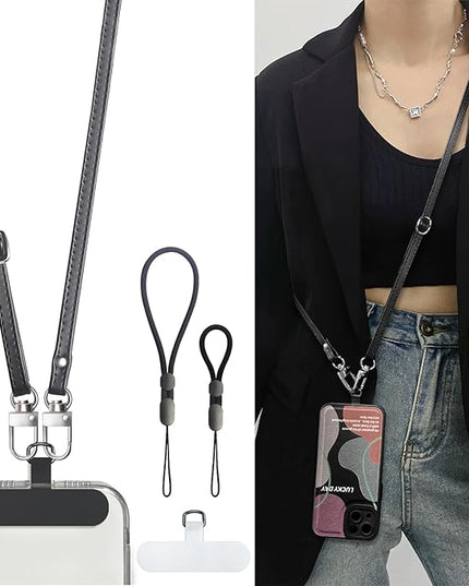 Crossbody Phone Strap with 2 Pads, Leather & Adjustable Finger Strap - Compatible with Most Smartphones (Black)