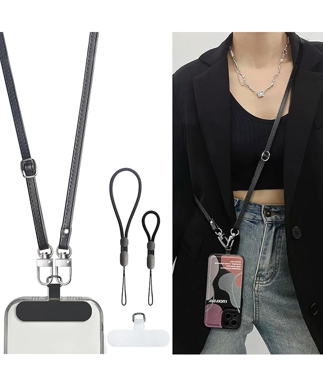 Crossbody Phone Strap with 2 Pads, Leather & Adjustable Finger Strap - Compatible with Most Smartphones (Black)