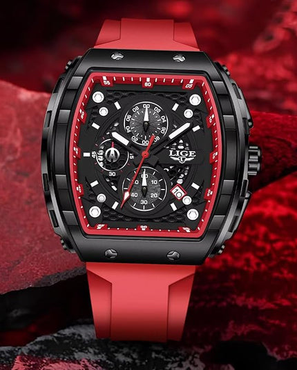 Mens Watches,Unique Rectangular Quartz Analog Watch,Outdoor Sports Multi-Function Watch,Chronograph/Waterproof/Luminous/Calendar,Durable Silicone Strap Mens Casual Watches