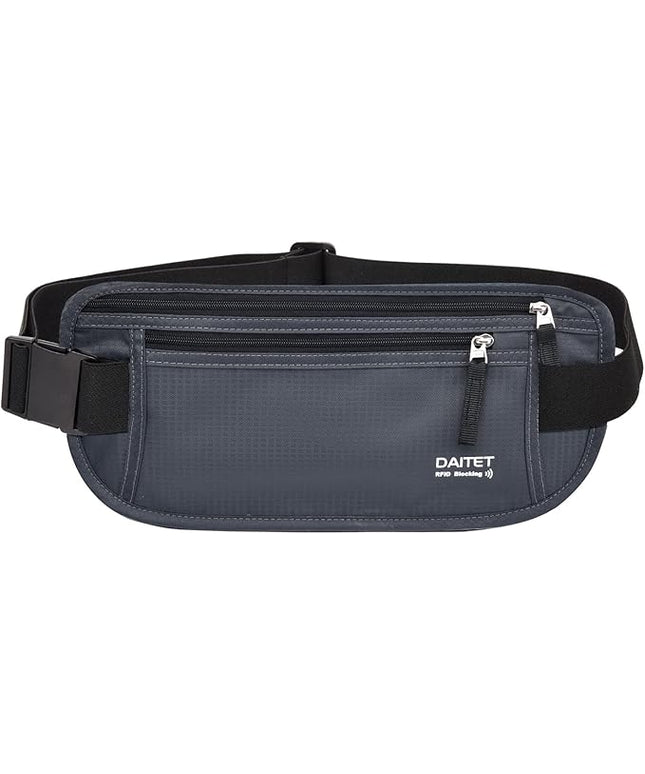 RFID Blocking Money Belt for Men Women, Slim Fanny Pack for Travel，Running,Conceal Waist Wallet for Passport Holder,Phone,Cash(Black Dark Grey)