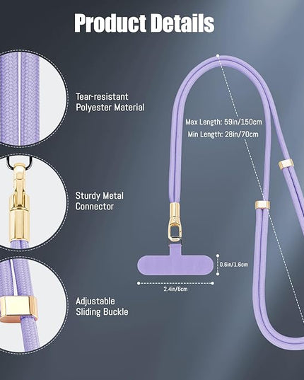Dadanism Phone Lanyard 2 Pack, 2x Adjustable Crossbody Phone Strap, 2x Tether Tab, Anti-theft Universal Cellphone Multifuctional Patch Lanyards for iPhone & Most Smartphones, Silver Grey + Purple