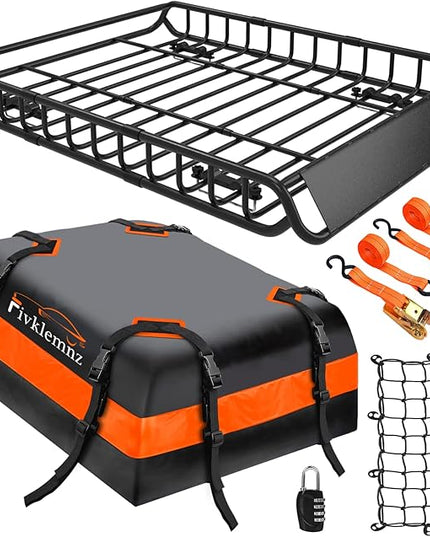 FIVKLEMNZ Car Rooftop Cargo Carrier Roof Bag Waterproof for All Top of Vehicle with/Without Rack Includes Topper Anti-Slip Mat + Reinforced Straps + 6 Door Hooks + Luggage Lock
