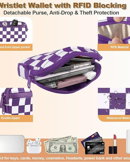 Clip and Go Strap for Phone with Wallet Crossbody, Adjustable Phone Lanyard with Detachable RFID Wristlet Wallet, Phone Strap with Phone Tabs for All Phones, Purple Checkered (L)