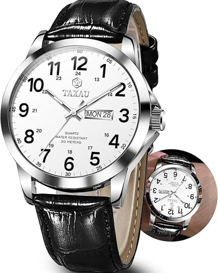 Men's Watches Leather Band Stainless Steel Quartz Analog Watch Luxury Waterproof Watches for Men Dress Men's Wrist Watch with Day Date Arabic Numeral Relojes para Hombre