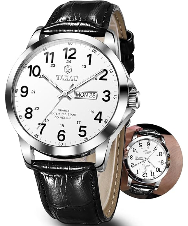 Men's Watches Leather Band Stainless Steel Quartz Analog Watch Luxury Waterproof Watches for Men Dress Men's Wrist Watch with Day Date Arabic Numeral Relojes para Hombre