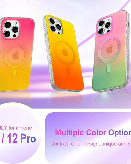 Aesthetic Case for iPhone 12 & 12 Pro Case for Women Girls, Compatible with Magsafe, Cute Girly Trendy Glitter Sparkly Rainbow Magnetic Protective Phone Cover, Matt Iridescent Yellow & Orange