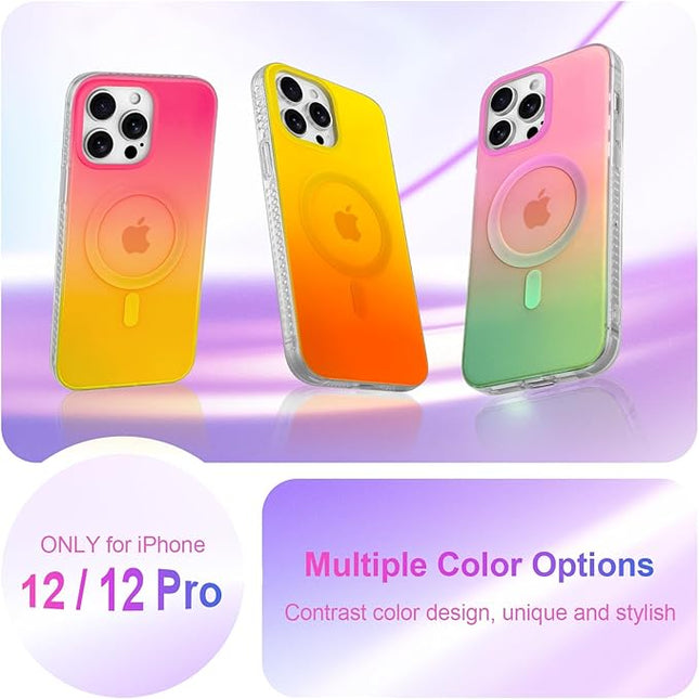 Aesthetic Case for iPhone 12 & 12 Pro Case for Women Girls, Compatible with Magsafe, Cute Girly Trendy Glitter Sparkly Rainbow Magnetic Protective Phone Cover, Matt Iridescent Yellow & Orange