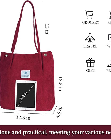 Corduroy Tote Bag Cute Tote Bags for Women Shoulder Bag with Inner Pocket for Work Beach Travel and Shopping Grocery