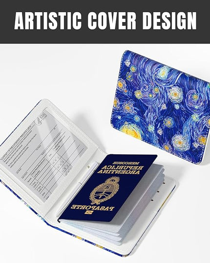 Rimilak Passport Holder, RFID Blocking Passport Cover Wallet Travel Essentials, Leather Travel Air Ticket Documents Organizer Protector for Women and Men, Starry Sky