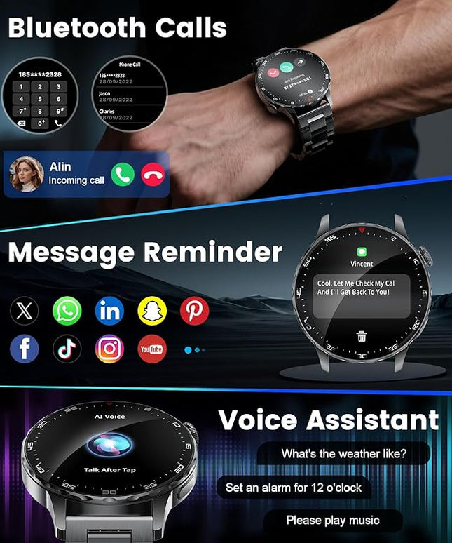 Smartwatch for Men Compatible Android iOS,Fitness Tracker Bluetooth Calling with 100+ Sports Modes,Heart Rate/Sleep Monitor,1.43" AMOLED Display Screen IP68 Waterproof,2 Bands Included 750mAh Battery