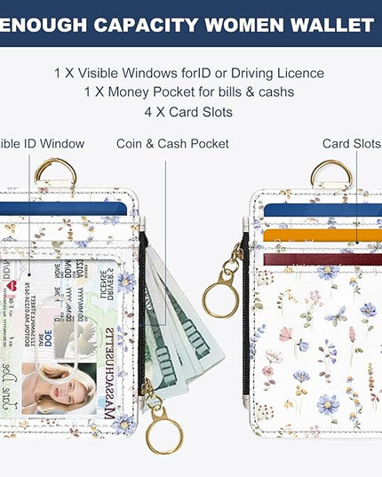 Slim Wallet Credit Card Holder, White And Purple Floral Print, RFID Wallet Women Cute Small Front Pocket Wallet With Zipper, PU Leather Thin travel RFID Blocking Card Case ID Window ,Ladies Gifts