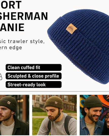 TOP-EX PolarWool™ 100% Merino Wool Fisherman Beanie Hat | Soft Single Layer Warm Short Sailor Trawler Cap for Men Women