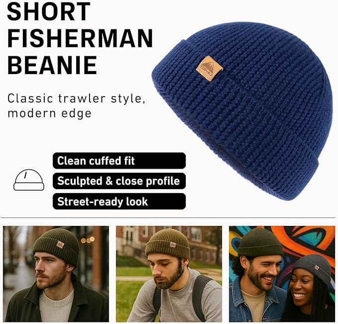 TOP-EX PolarWool™ 100% Merino Wool Fisherman Beanie Hat | Soft Single Layer Warm Short Sailor Trawler Cap for Men Women