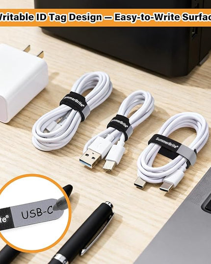 70 Pack Black Cable Ties 8 Inch with Writable Labels, Reusable Cord Organizer Straps, Hook & Loop Wire Management for Extension Cords, Garage Tools, Power Strips & Heavy Duty