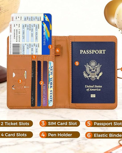 Melsbrinna Premium Leather Passport Holder Covers Case, Waterproof Rfid Blocking Travel Wallet Passport Holder with Pen Holder, Cute Passport Book for Women/Men