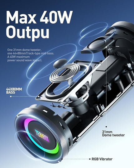 X-Boom Go Portable Bluetooth Speaker, Max 40W Hi-Fi Sound, Dome Tweeter & Track Bass Driver, Dual EQ Modes, IP65 Waterproof, RGB Light Show, TWS Stereo Pairing, Bluetooth 5.4, 10H Playtime