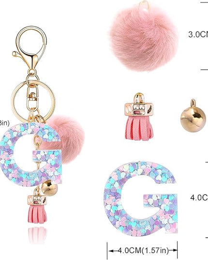 Resin Alphabet Initial Letter Keychain Keyring for Women Purse Handbags With Fur Ball Pom