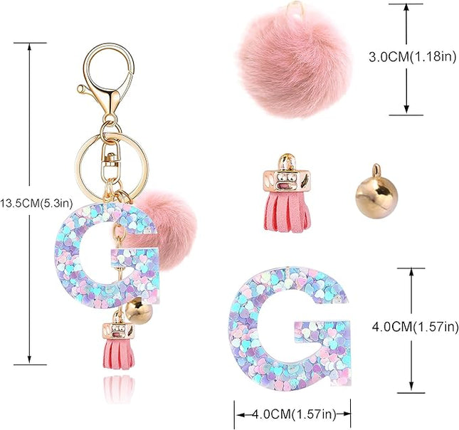 Resin Alphabet Initial Letter Keychain Keyring for Women Purse Handbags With Fur Ball Pom