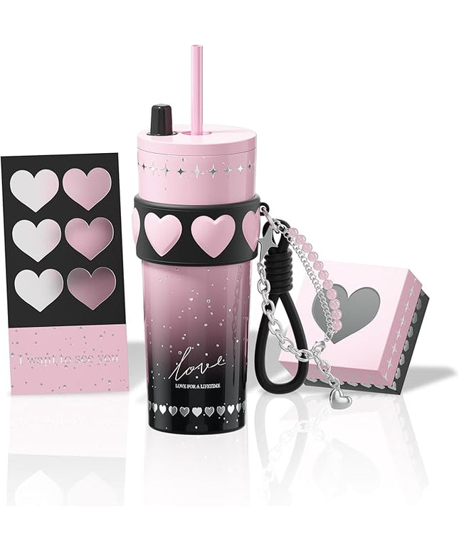24 oz Stainless Steel Tumbler with Lid and Straw, Insulated Coffee Mug, Leak Proof, Portable Iced Travel Water Bottle, Reusable Thermal Coffee Cup Gift for Women, Pink