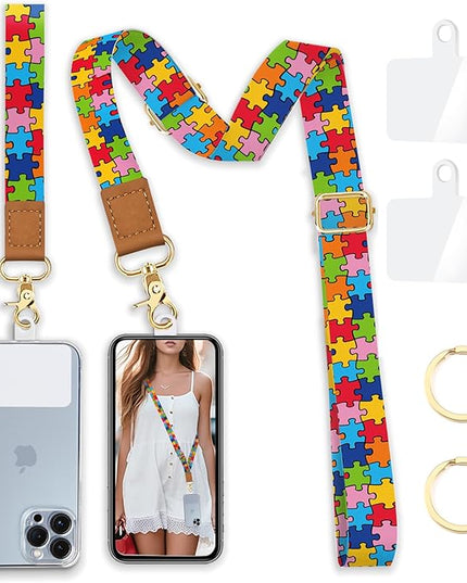 Phone Lanyard Wrist Strap Crossbody, Autism Puzzle Cell Phone Lanyard for around the Neck Wristlet Adjustable Strap Compatible with Most Smartphones for Keys Case ID Badges