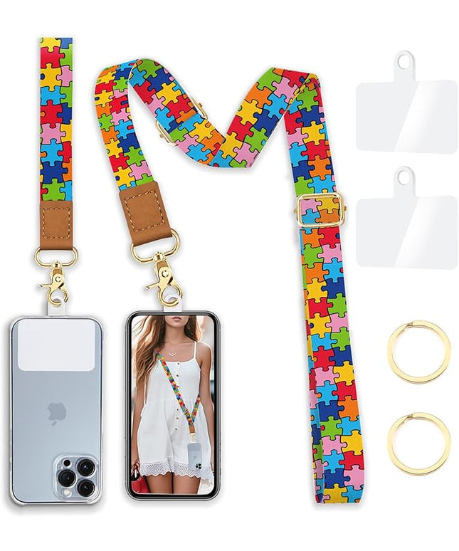 Phone Lanyard Wrist Strap Crossbody, Autism Puzzle Cell Phone Lanyard for around the Neck Wristlet Adjustable Strap Compatible with Most Smartphones for Keys Case ID Badges